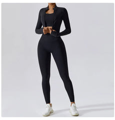 Fitness Set with Cropped Jacket and Top – High-Waisted Shorts