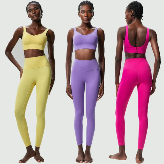 Fitness Set with Plain Top and High-Waisted Leggings