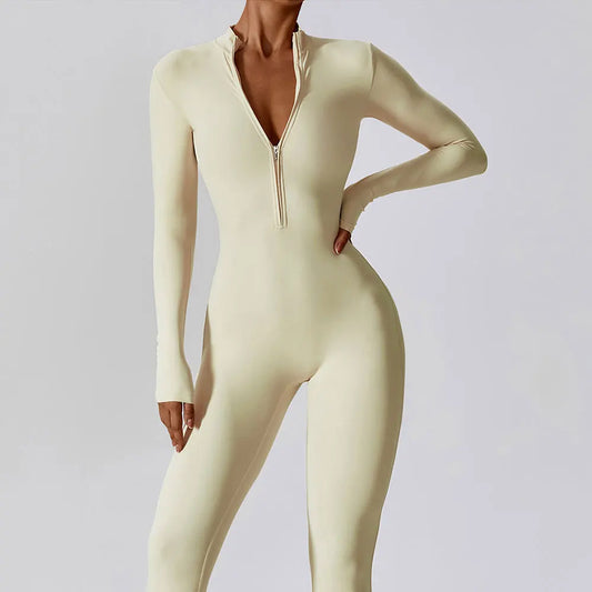 Long-Length Fitness Jumpsuit with Zip and High Collar