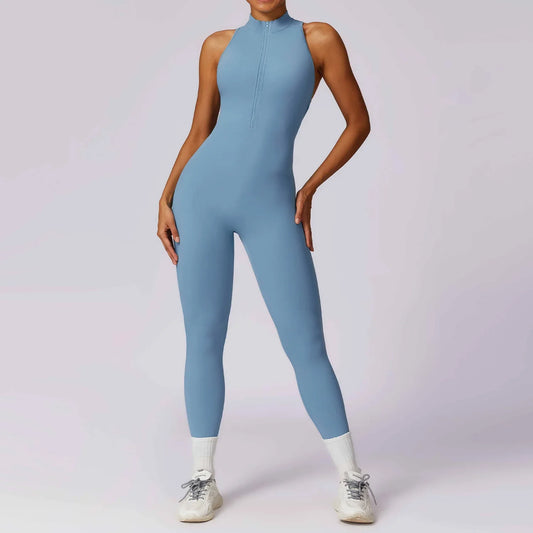 High-Neck Fitness Jumpsuit with Open Back