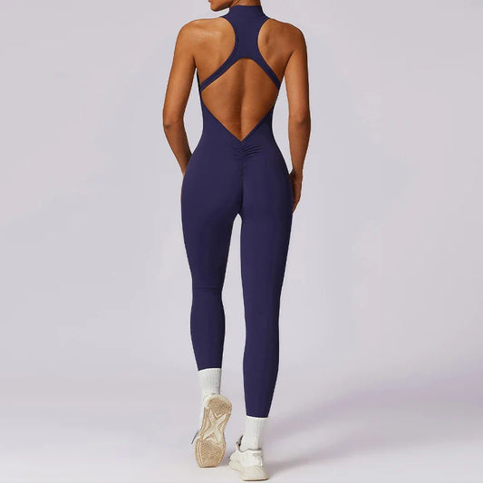 High-Neck Fitness Jumpsuit with Open Back