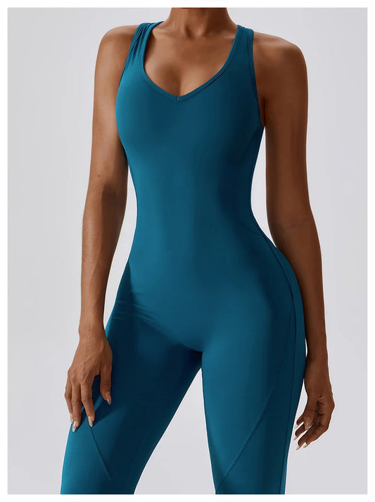 Flared Fitness Jumpsuit with Cut-Out Back and Halter Neck Strap