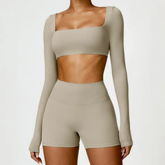 Fitness Set with Square Neck Top and High-Waisted Shorts