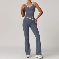 Fitness Set with Racerback Top and Shorts or Flared Trousers