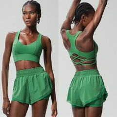 Fitness Set with Cross-Back Top and Loose-Fit Shorts