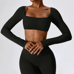 Long Sleeve Cropped Fitness Top with Square Neck
