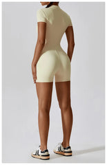 Short-Sleeve Zip-Front Fitness Jumpsuit