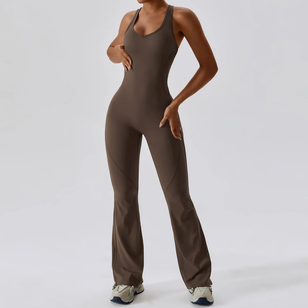 Flared Fitness Jumpsuit with Cut-Out Back and Halter Neck Strap