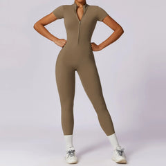 Women’s Front Zip Sports Jumpsuit – Short Sleeves and Fitted Waist