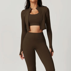 Fitness Set with Cropped Jacket and Top – High-Waisted Shorts