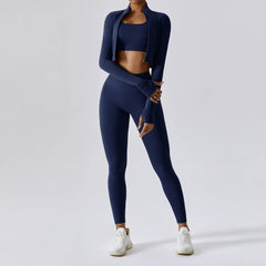 Fitness Set with Cropped Jacket and Top – High-Waisted Shorts