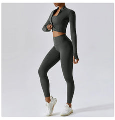 Fitness Set with Cropped Jacket and Top – High-Waisted Shorts