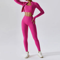 Fitness Set with Cropped Jacket and Top – High-Waisted Shorts