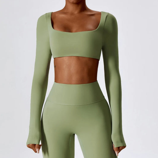 Long Sleeve Cropped Fitness Top with Square Neck