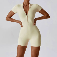 Short-Sleeve Zip-Front Fitness Jumpsuit