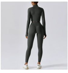 Fitness Set with Cropped Jacket and Top – High-Waisted Shorts