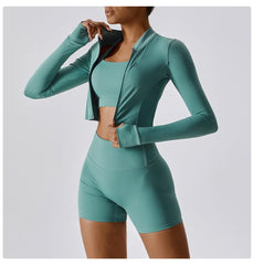 Fitness Set with Cropped Jacket and Top – High-Waisted Shorts