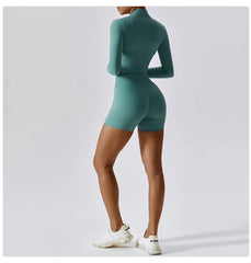 Fitness Set with Cropped Jacket and Top – High-Waisted Shorts
