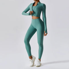 Fitness Set with Cropped Jacket and Top – High-Waisted Shorts