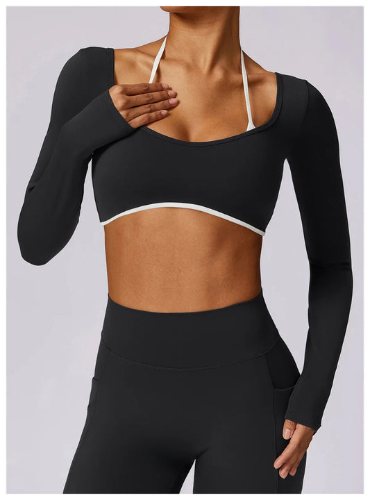 Long Sleeve Fitness Top with Front Cut-Out and Open Back