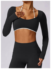 Long Sleeve Fitness Top with Front Cut-Out and Open Back