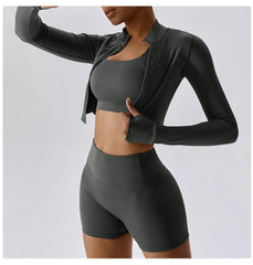 Fitness Set with Cropped Jacket and Top – High-Waisted Shorts