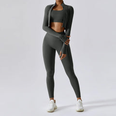 Fitness Set with Cropped Jacket and Top – High-Waisted Shorts
