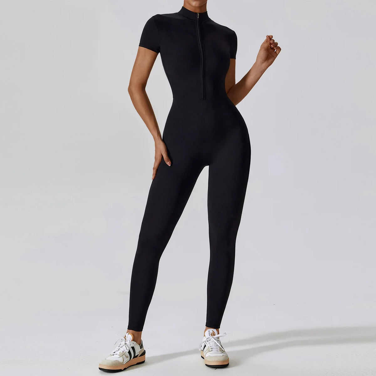 Women’s Front Zip Sports Jumpsuit – Short Sleeves and Fitted Waist