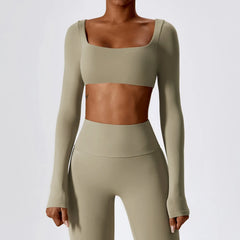 Long Sleeve Cropped Fitness Top with Square Neck