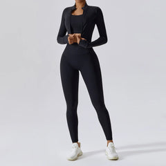 Fitness Set with Cropped Jacket and Top – High-Waisted Shorts