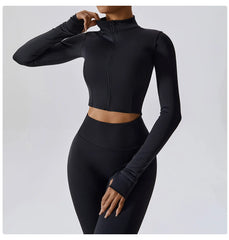 Fitness Set with Cropped Jacket and Top – High-Waisted Shorts