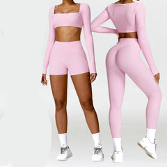 Fitness Set with Square Neck Top and High-Waisted Shorts