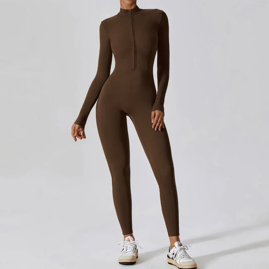 Long-Length Fitness Jumpsuit with Zip and High Collar