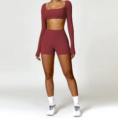 Fitness Set with Square Neck Top and High-Waisted Shorts