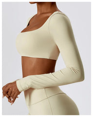 Long Sleeve Cropped Fitness Top with Square Neck