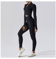 Fitness Set with Cropped Jacket and Top – High-Waisted Shorts