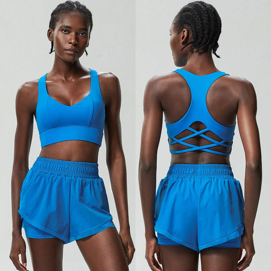 Fitness Set with Cross-Back Top and Loose-Fit Shorts