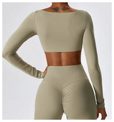 Long Sleeve Cropped Fitness Top with Square Neck