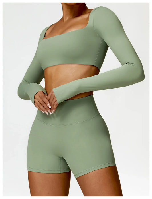 Fitness Set with Square Neck Top and High-Waisted Shorts