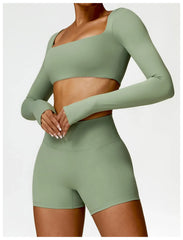 Fitness Set with Square Neck Top and High-Waisted Shorts