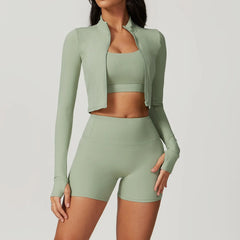 Fitness Set with Cropped Jacket and Top – High-Waisted Shorts