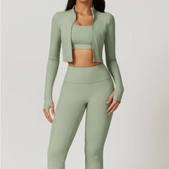 Fitness Set with Cropped Jacket and Top – High-Waisted Shorts
