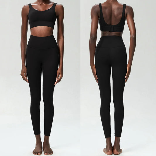 Fitness Set with Plain Top and High-Waisted Leggings