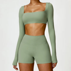 Fitness Set with Square Neck Top and High-Waisted Shorts