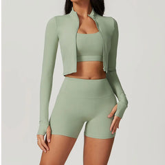 Fitness Set with Cropped Jacket and Top – High-Waisted Shorts