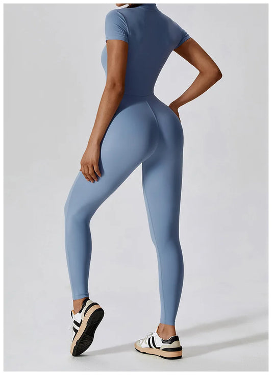 Women’s Front Zip Sports Jumpsuit – Short Sleeves and Fitted Waist