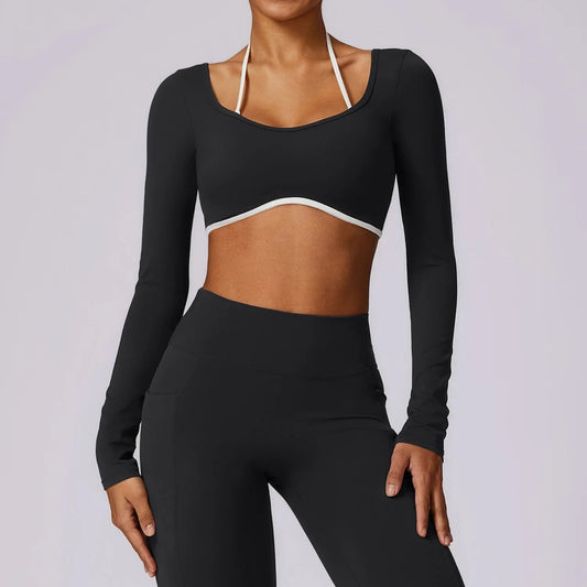 Long Sleeve Fitness Top with Front Cut-Out and Open Back
