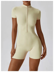 Short-Sleeve Zip-Front Fitness Jumpsuit