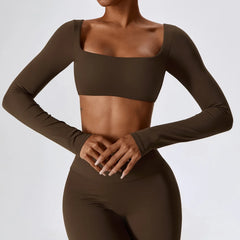 Long Sleeve Cropped Fitness Top with Square Neck