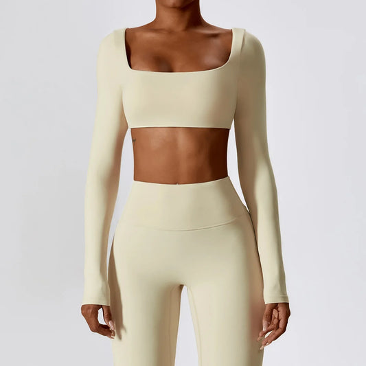 Long Sleeve Cropped Fitness Top with Square Neck
